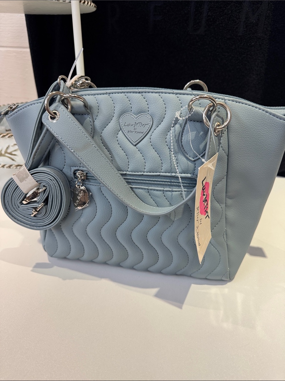 Betsey Johnson Light Blue Quilted Heart Shoulder Bag